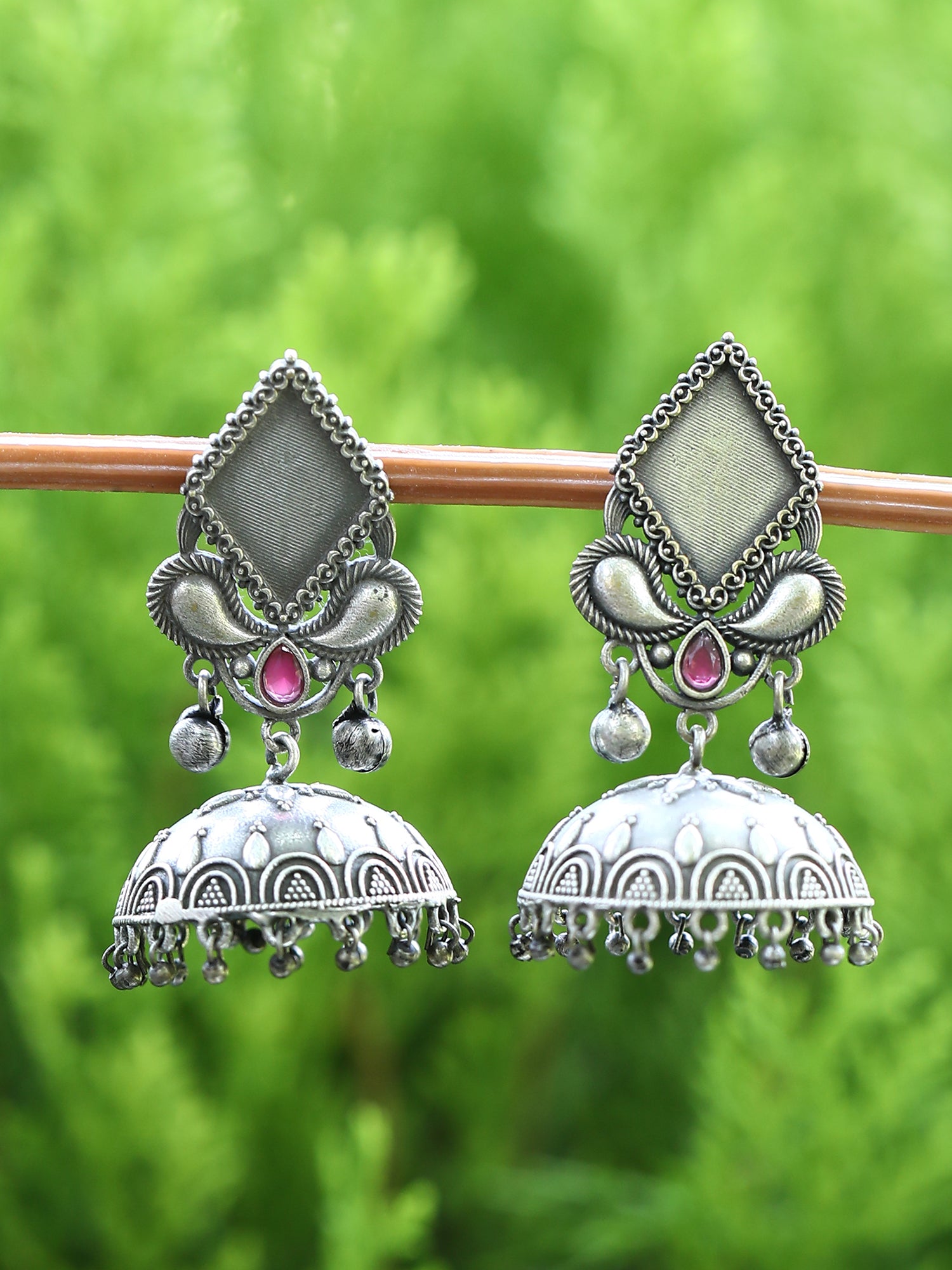 Oxidised Jhumka Earrings with Red Stone