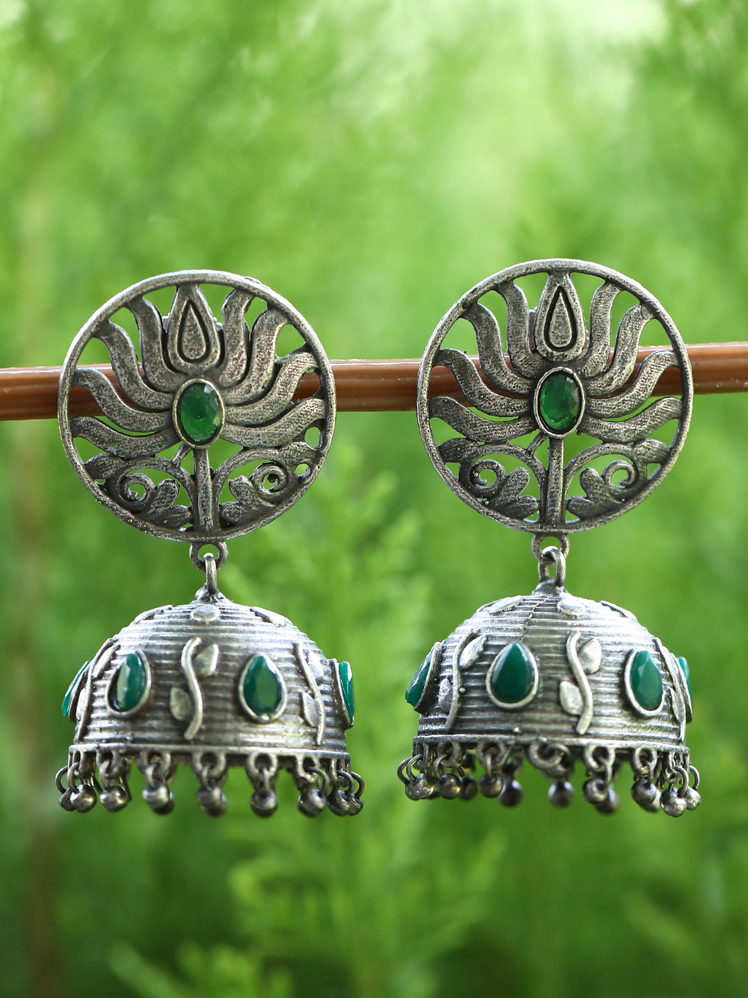 Antique Lotus and Emerald Gemstone Earrings Set