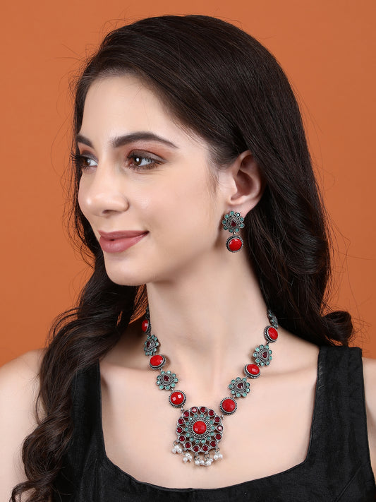 Bold Oxidized Necklace Set with Red and Aqua Stonework