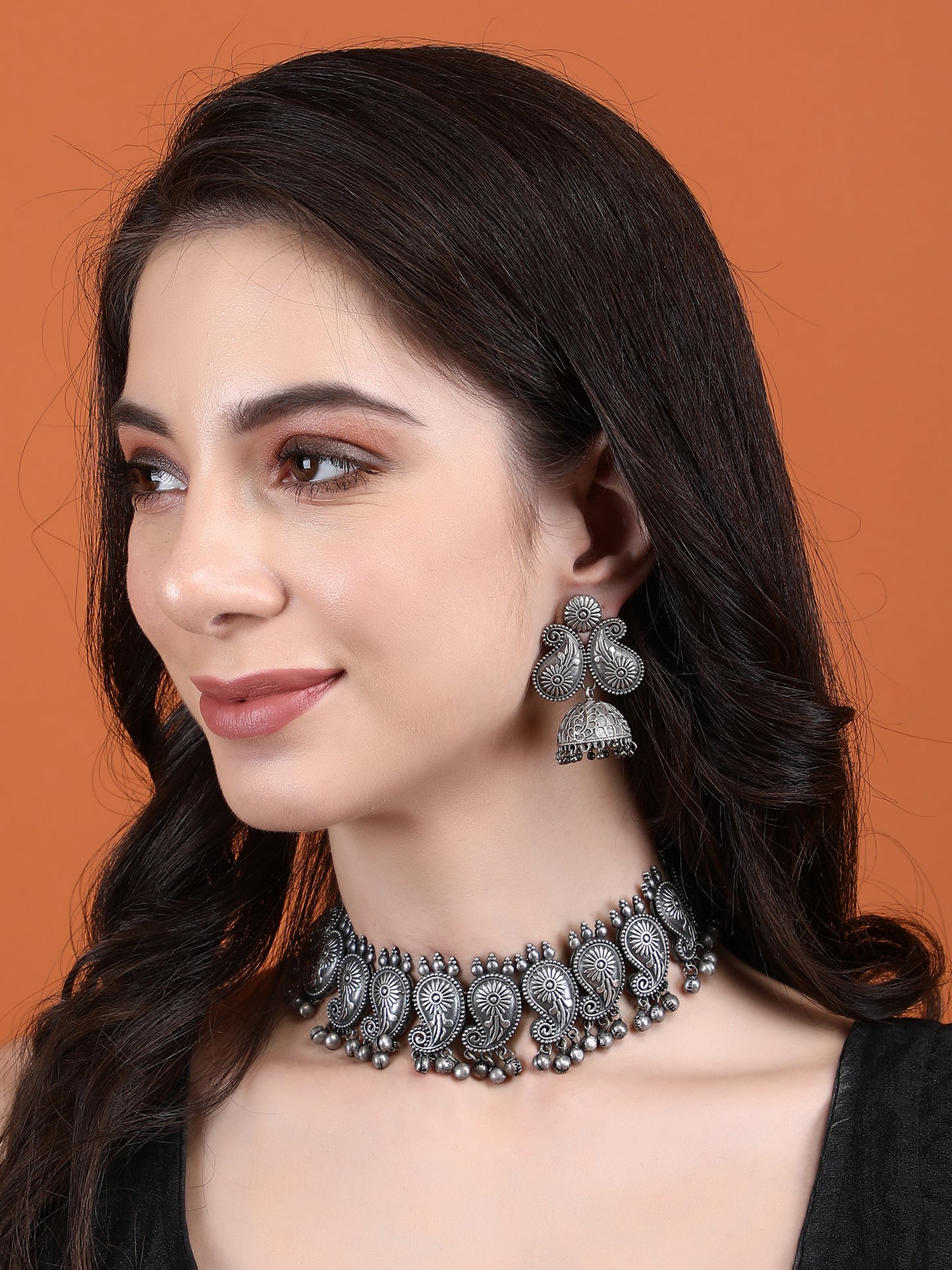 Elegant Oxidized Silver Necklace and Jhumka Set