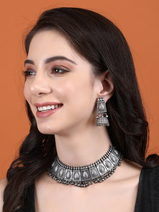 Oxidized Silver Choker Necklace Set For Girl & Women