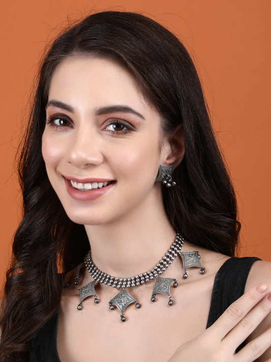 Traditional Oxidized Grey Necklace Set with Earrings