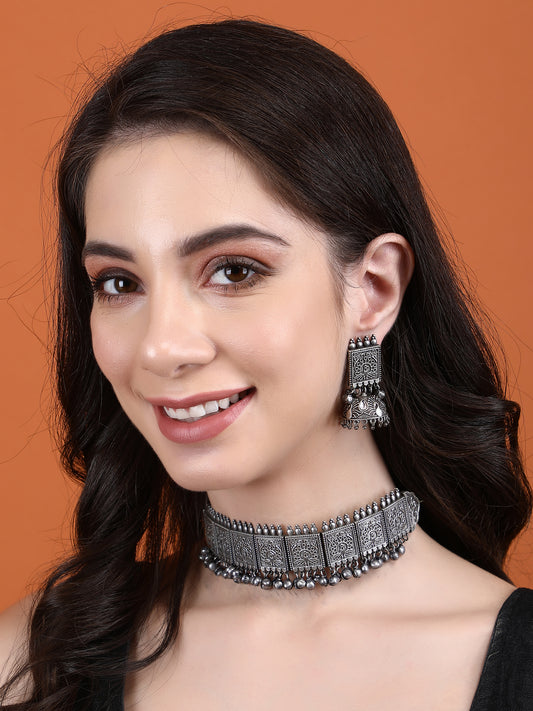 Antique Oxidized Silver Choker Necklace Set with Earrings