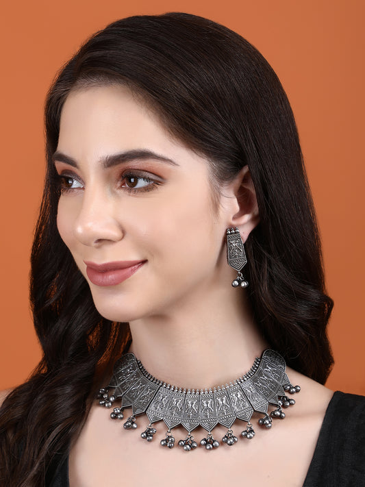 Oxidized Grey Tribal Necklace Set with Earrings