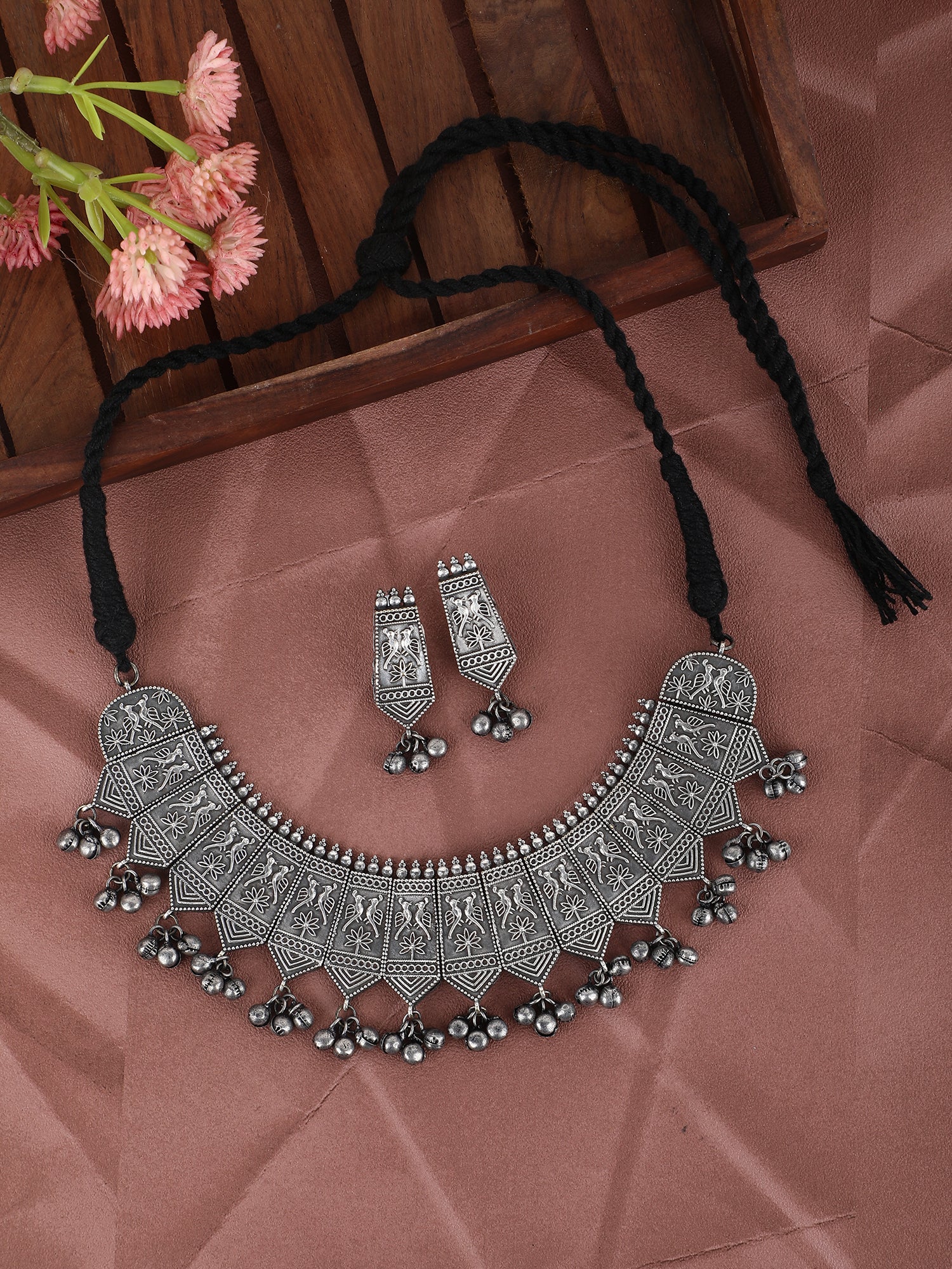 Oxidized Grey Tribal Necklace Set with Earrings