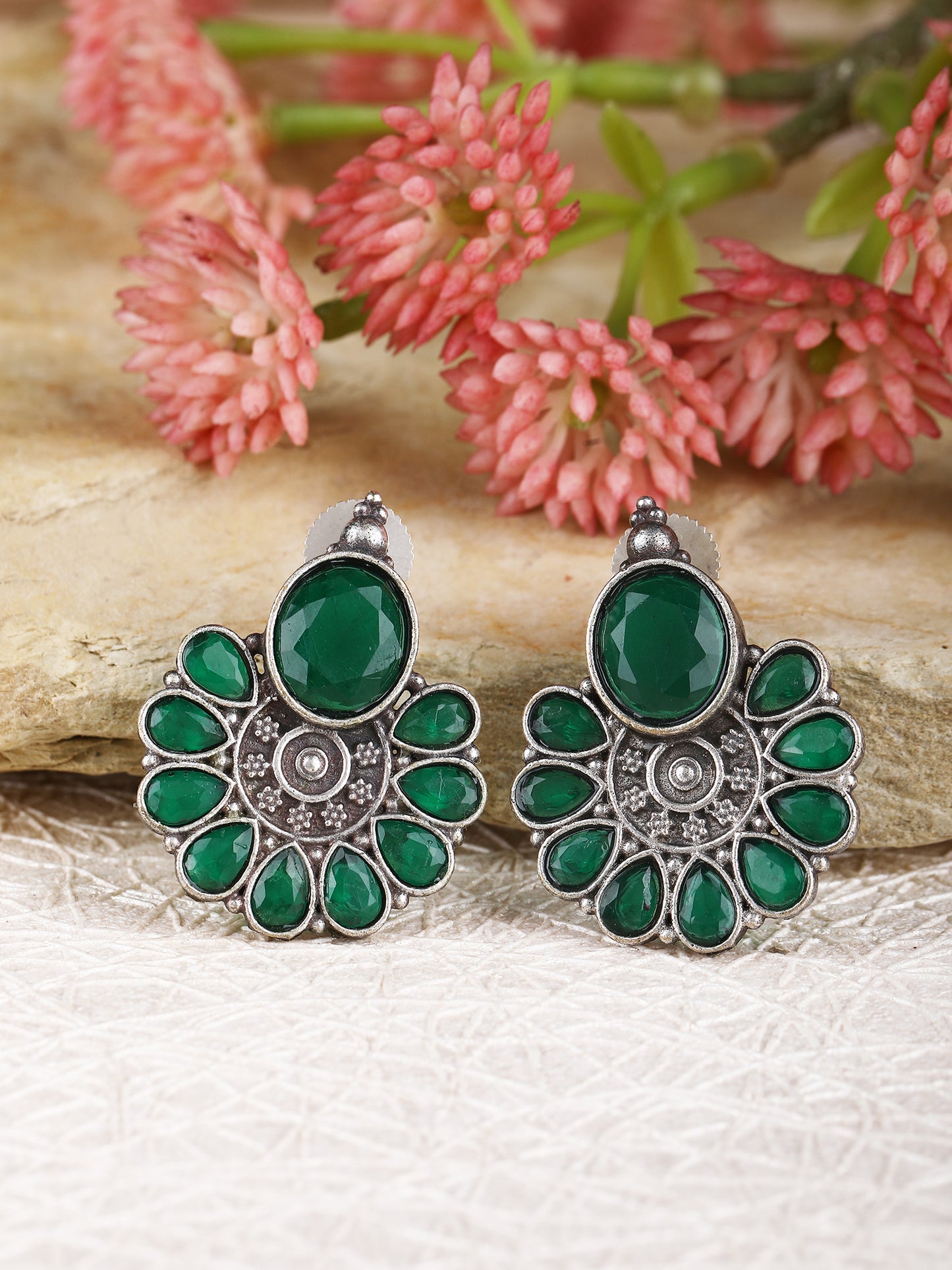 Oxidised Green Floral Stud Earrings Set