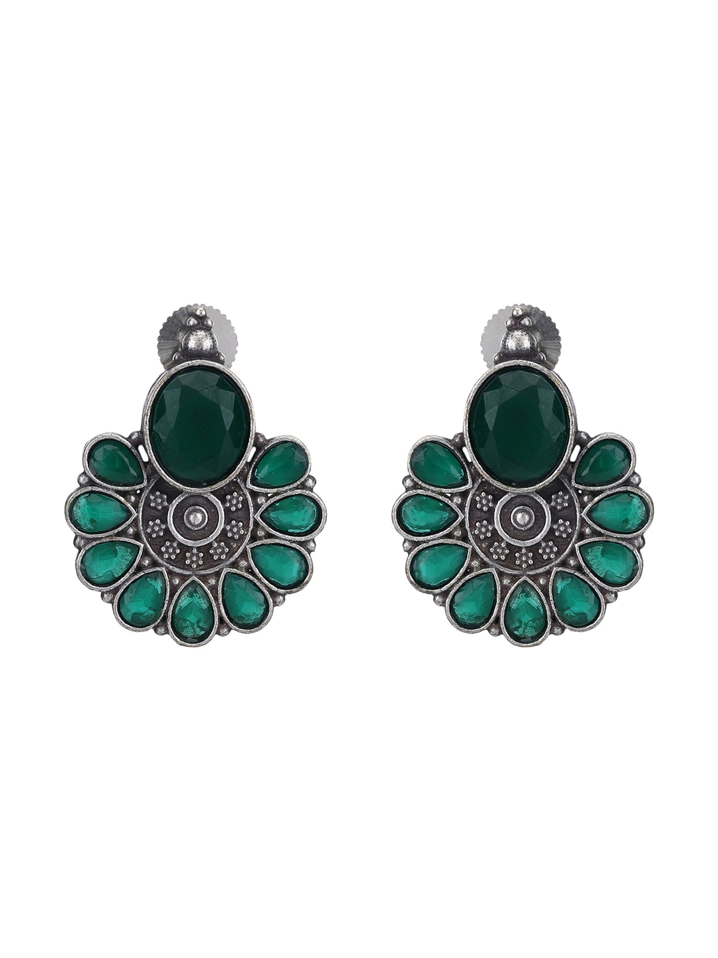 Oxidised Green Floral Stud Earrings Set