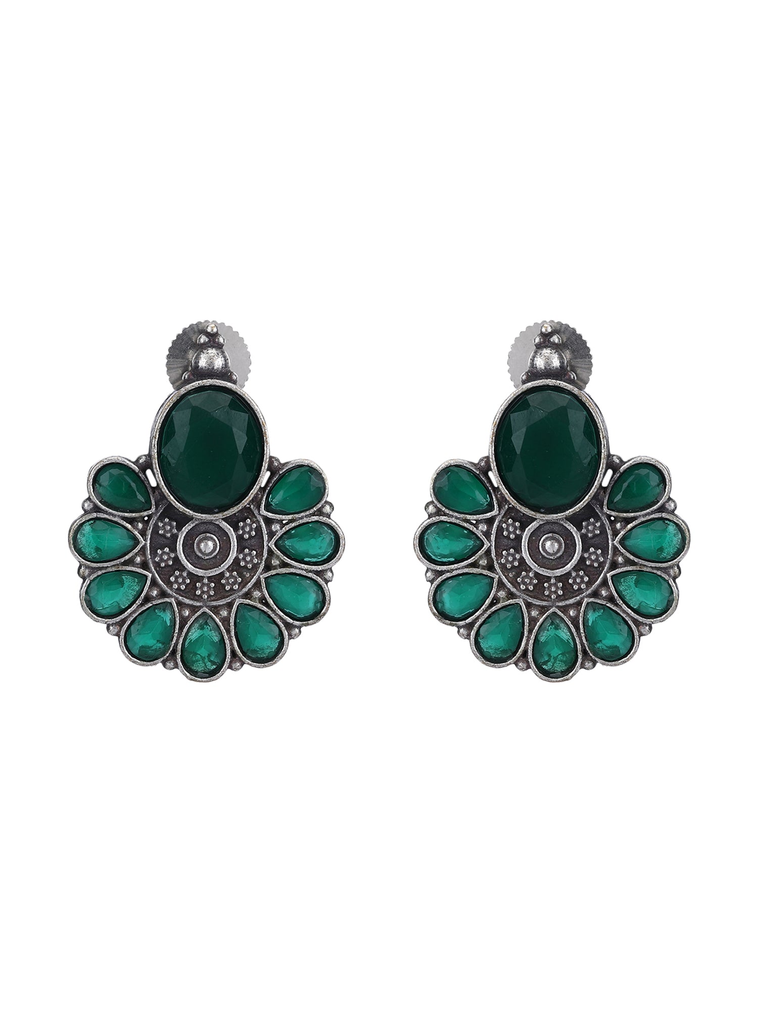 Oxidised Green Floral Stud Earrings Set