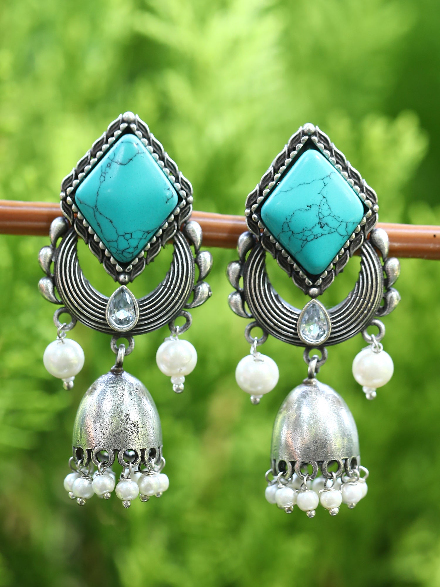 Oxidised Earrings with Turquoise Stone and Pearl Accents