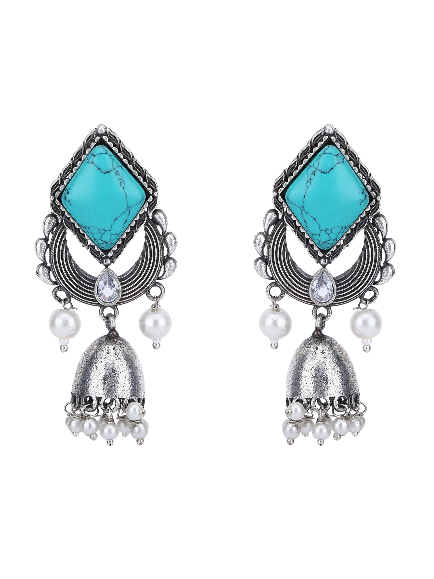 Oxidised Earrings with Turquoise Stone and Pearl Accents