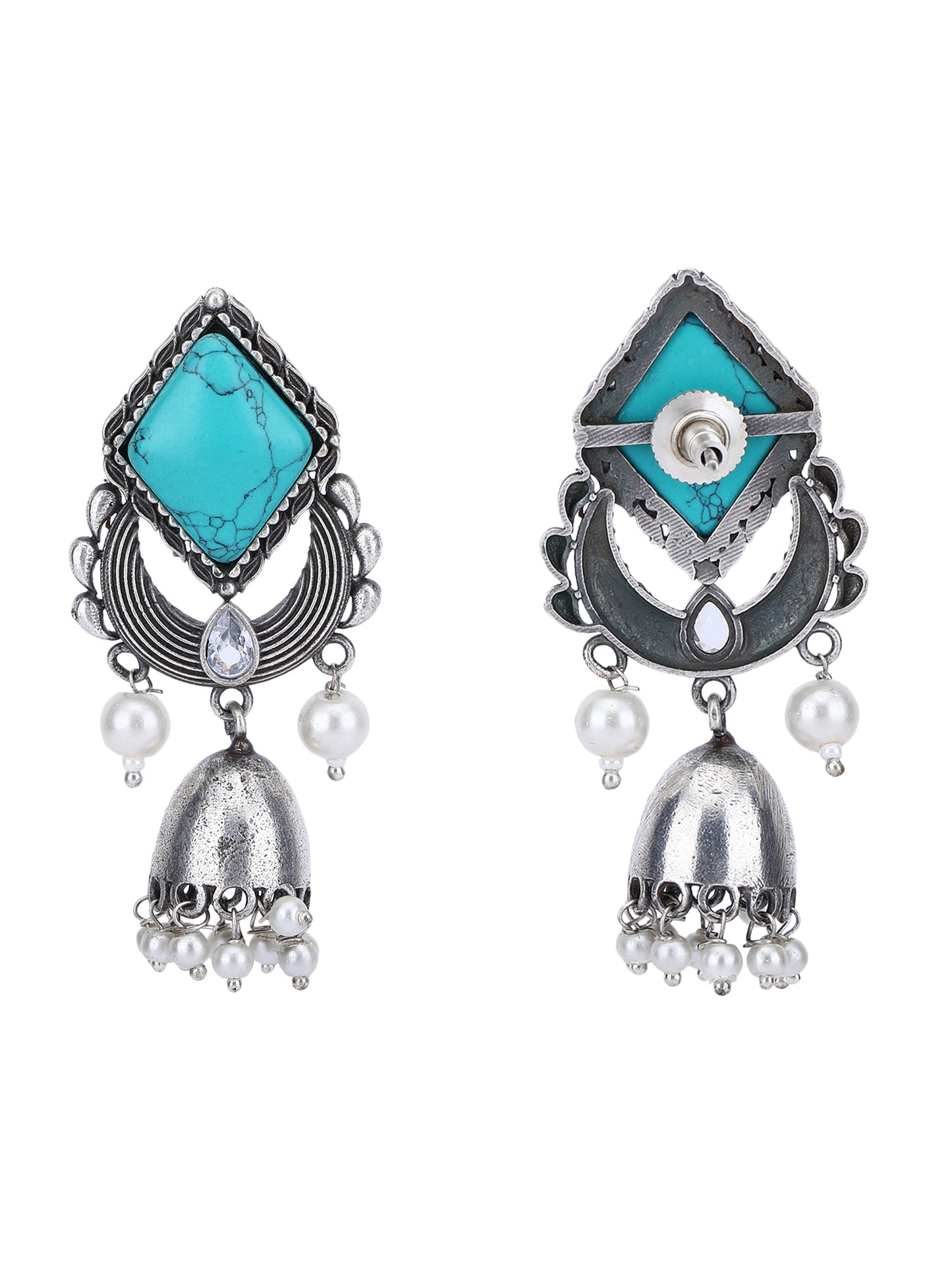 Oxidised Earrings with Turquoise Stone and Pearl Accents