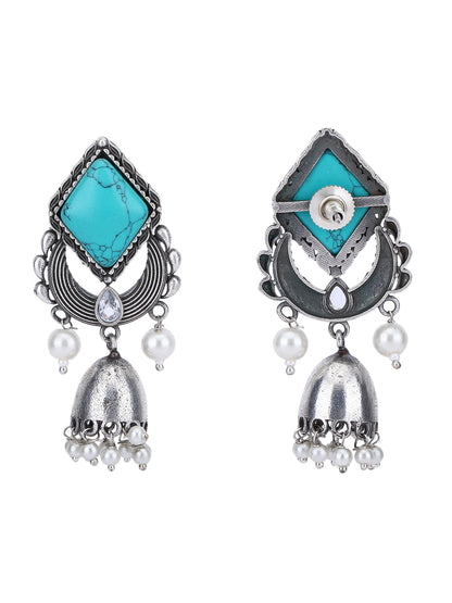 Oxidised Earrings with Turquoise Stone and Pearl Accents