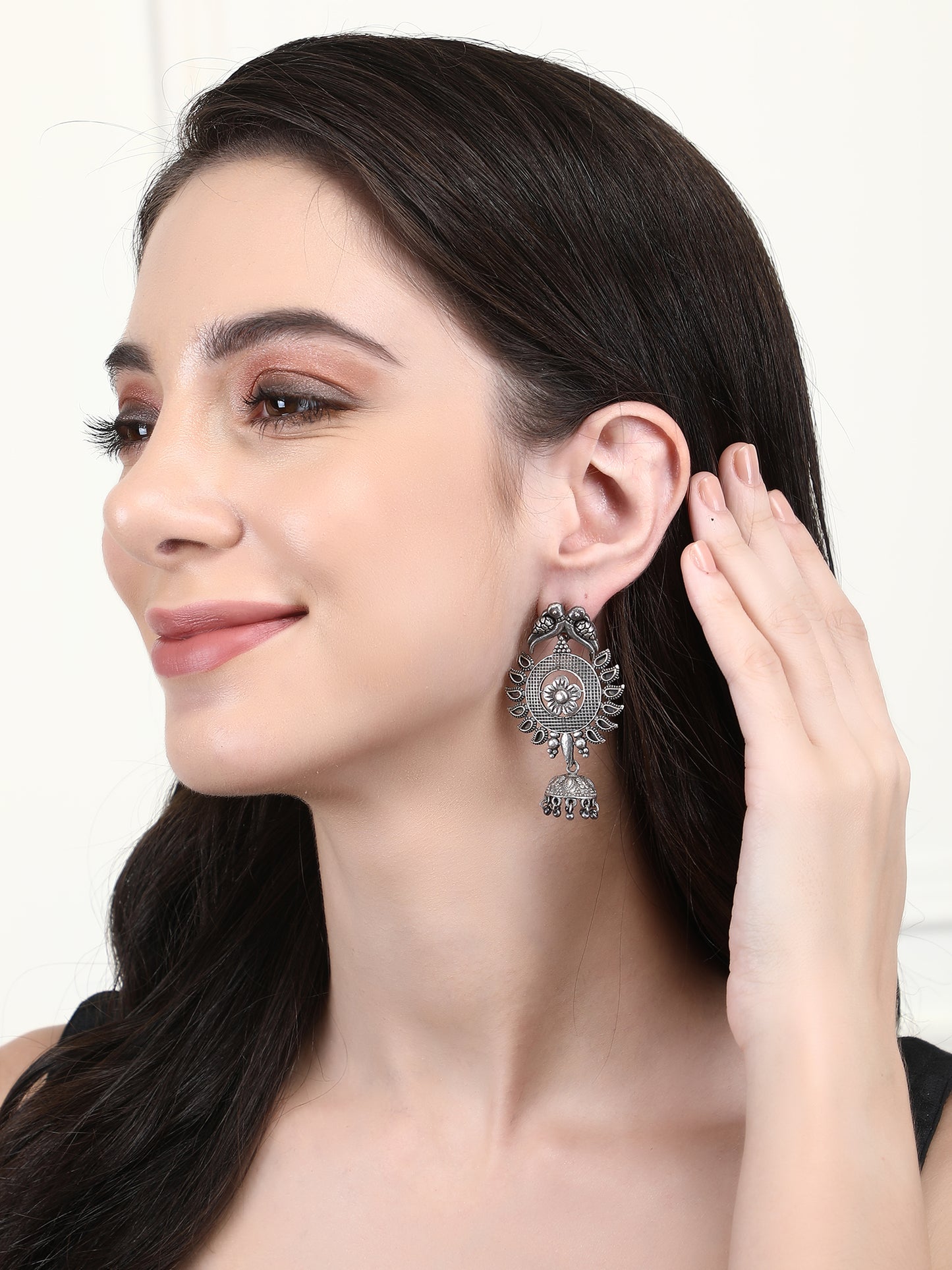 Oxidized Gray Parrot Jhumka Earrings with Floral Design