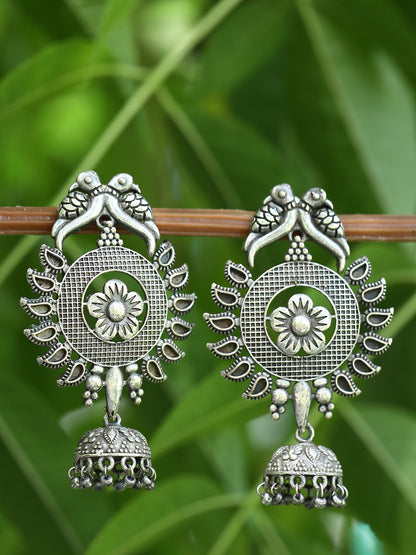 Oxidized Gray Parrot Jhumka Earrings with Floral Design