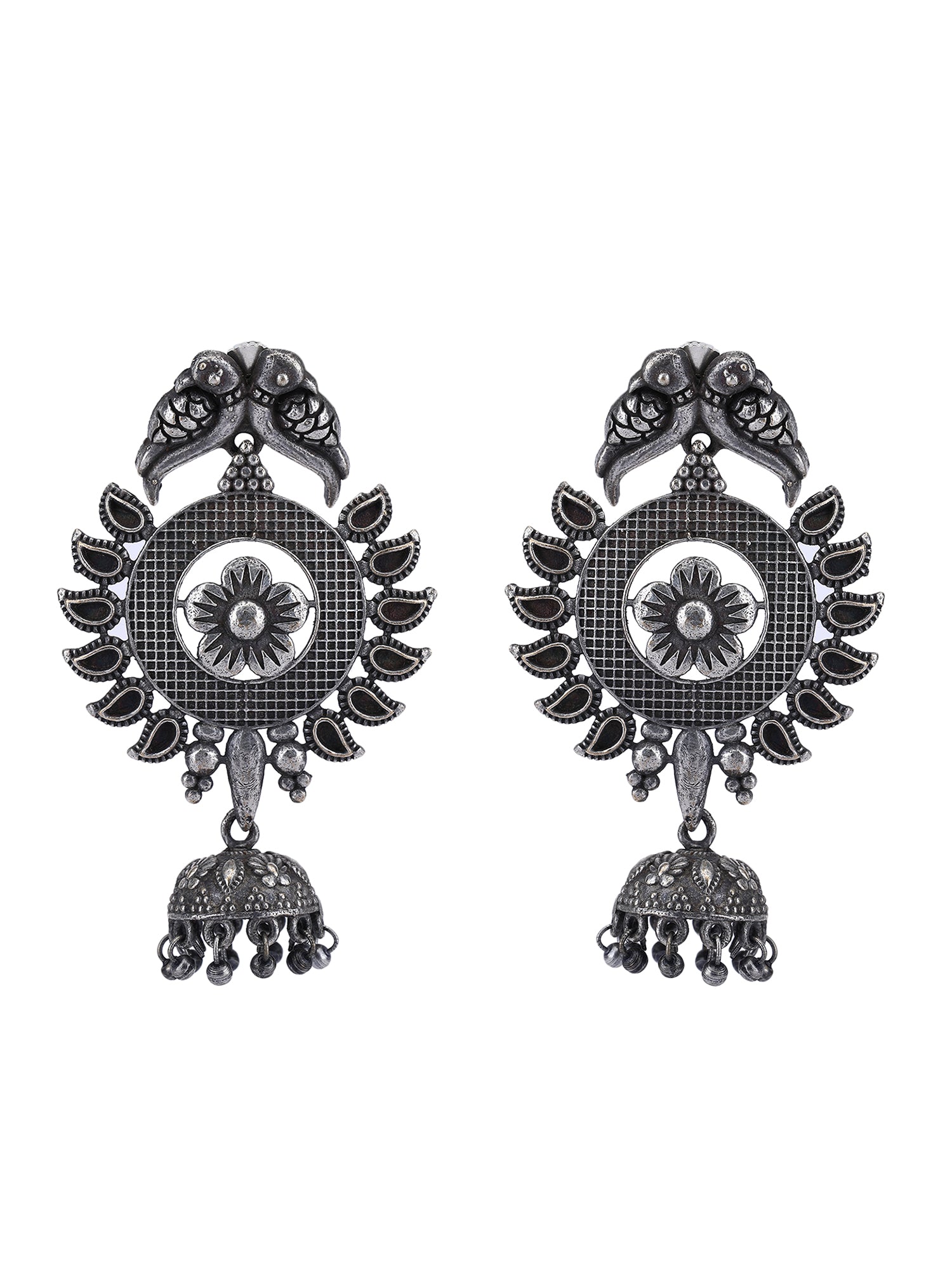 Oxidized Gray Parrot Jhumka Earrings with Floral Design