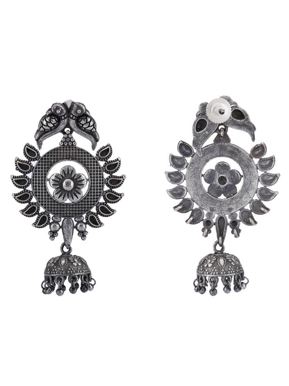 Oxidized Gray Parrot Jhumka Earrings with Floral Design