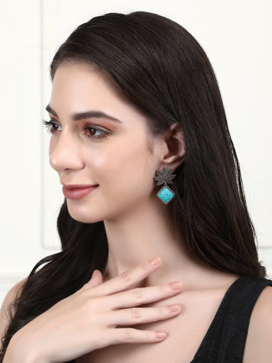 Oxidized Maple Leaf Earrings Design with Turquoise Stone