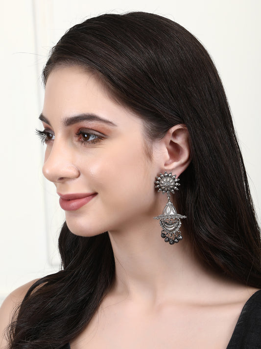 Oxidized Floral Jhumka Earrings with Intricate Detailing