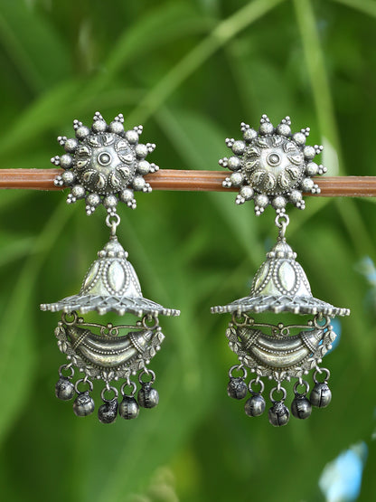 Oxidized Floral Jhumka Earrings with Intricate Detailing