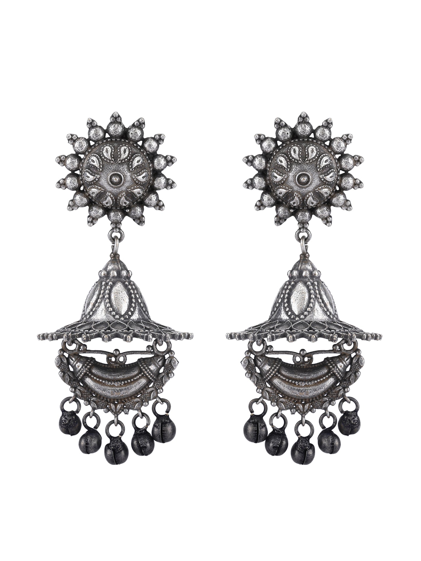 Oxidized Floral Jhumka Earrings with Intricate Detailing