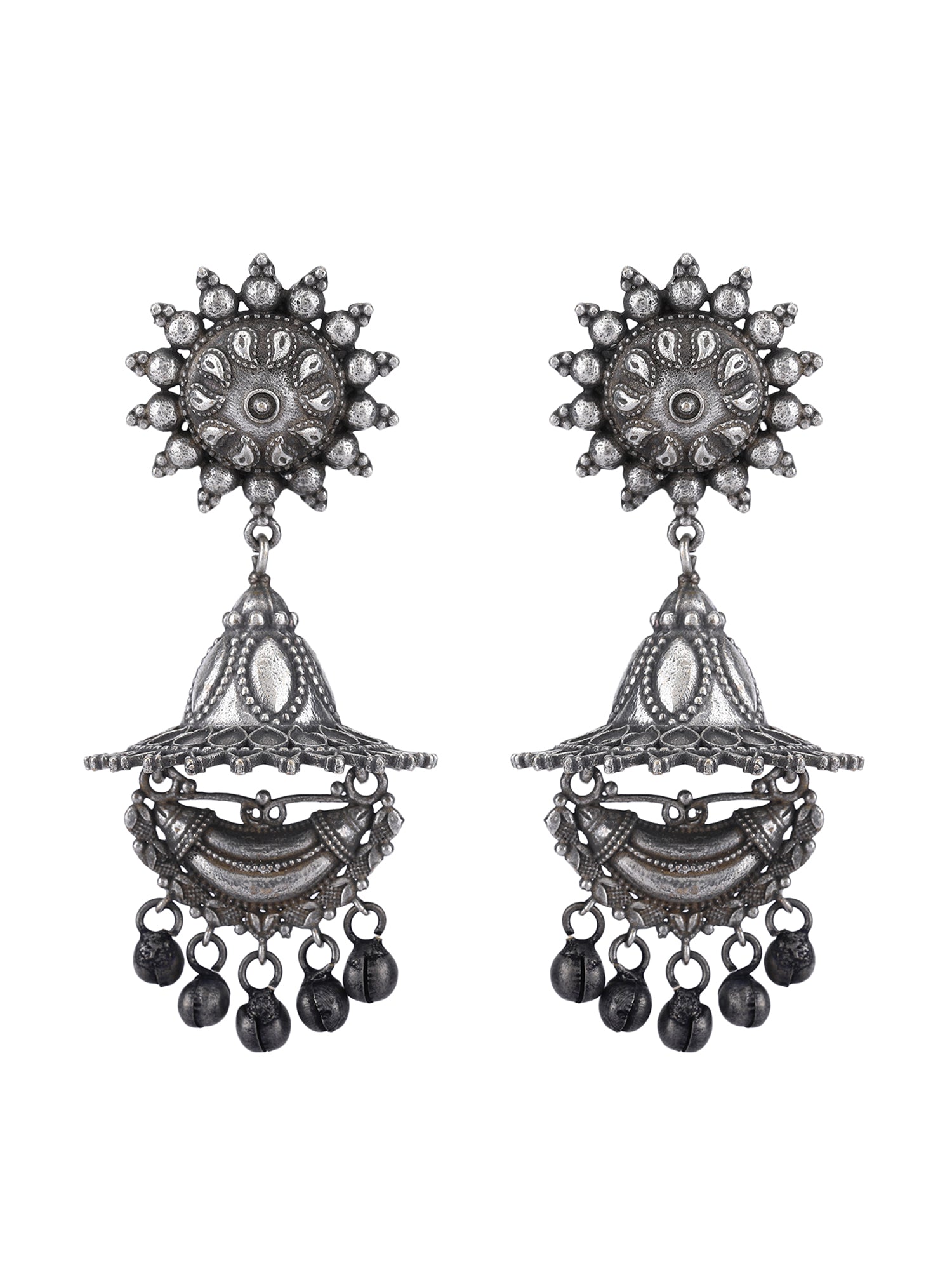 Oxidized Floral Jhumka Earrings with Intricate Detailing