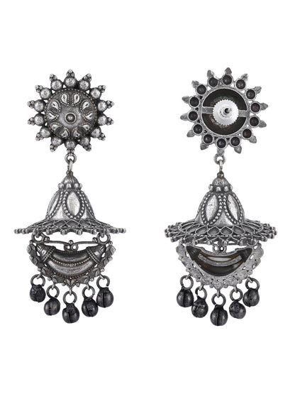 Oxidized Floral Jhumka Earrings with Intricate Detailing