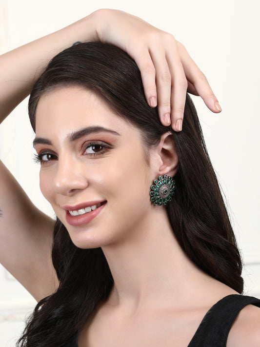 Oxidized Floral Earrings with Green Stone Accents