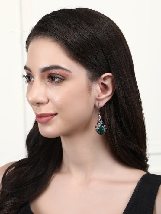 Elegant Oxidized Silver Drop Earrings with Green Teardrop Stone