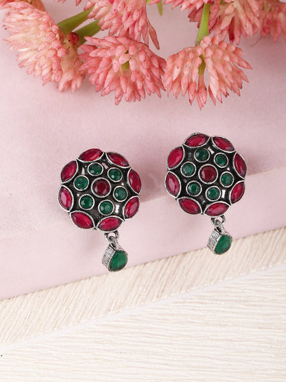 Oxidized Stud Earrings with Red and Green Stones