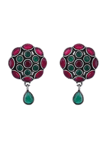 Oxidized Stud Earrings with Red and Green Stones