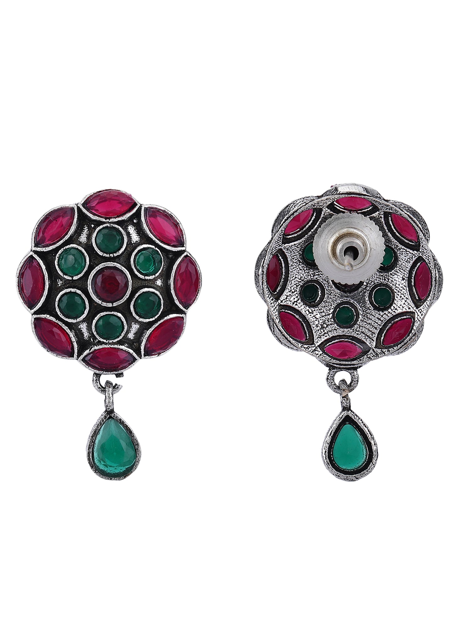 Oxidized Stud Earrings with Red and Green Stones