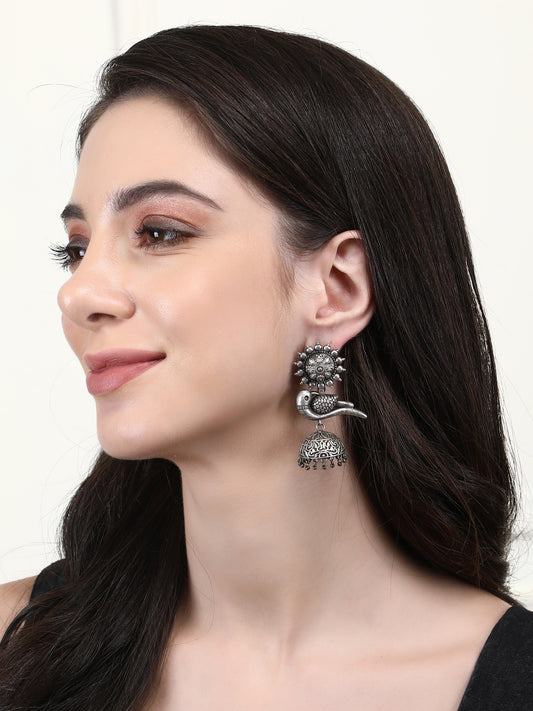 Oxidized Grey Bird Jhumka Earrings with Intricate Design