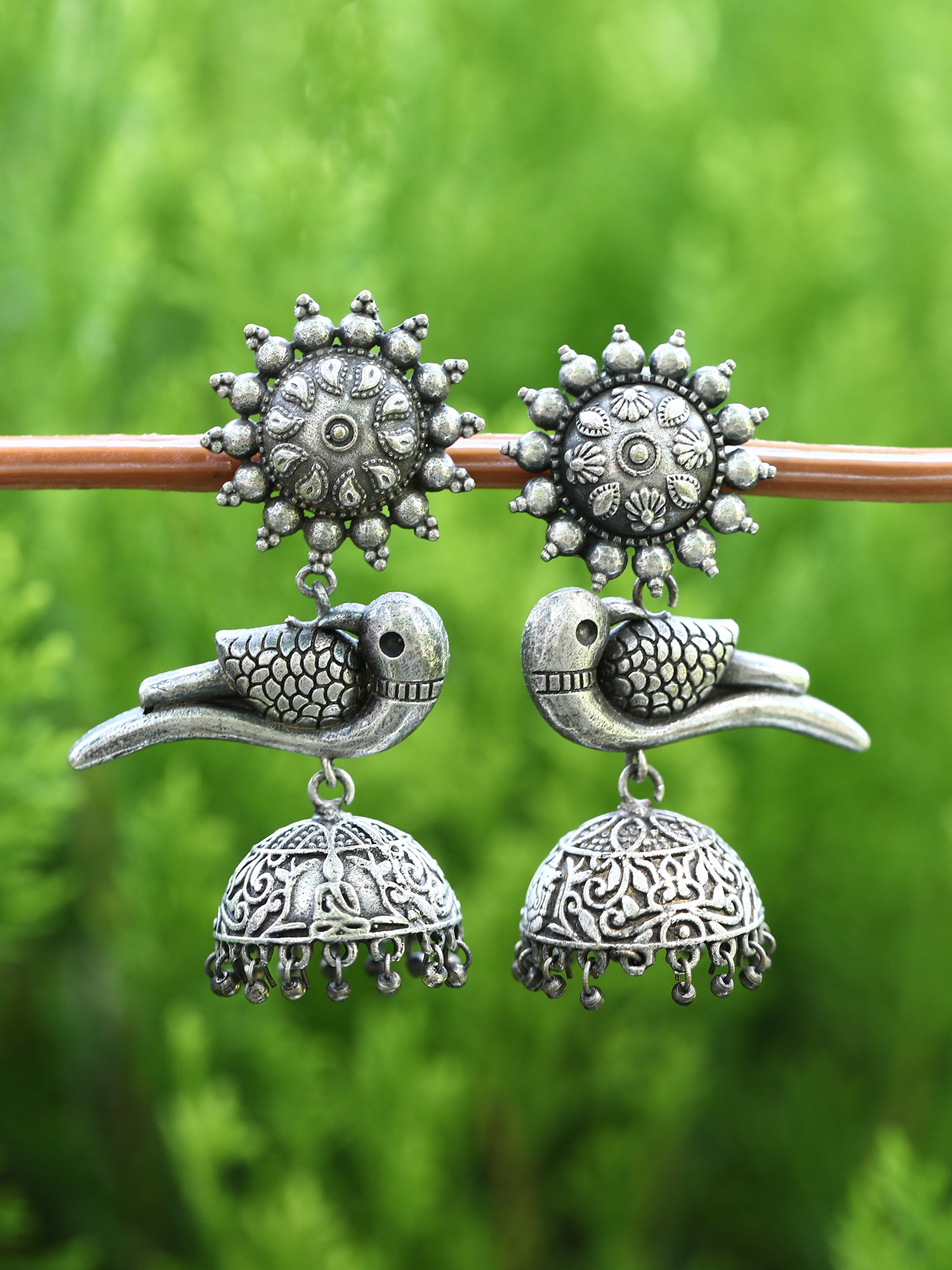 Oxidized Grey Bird Jhumka Earrings with Intricate Design