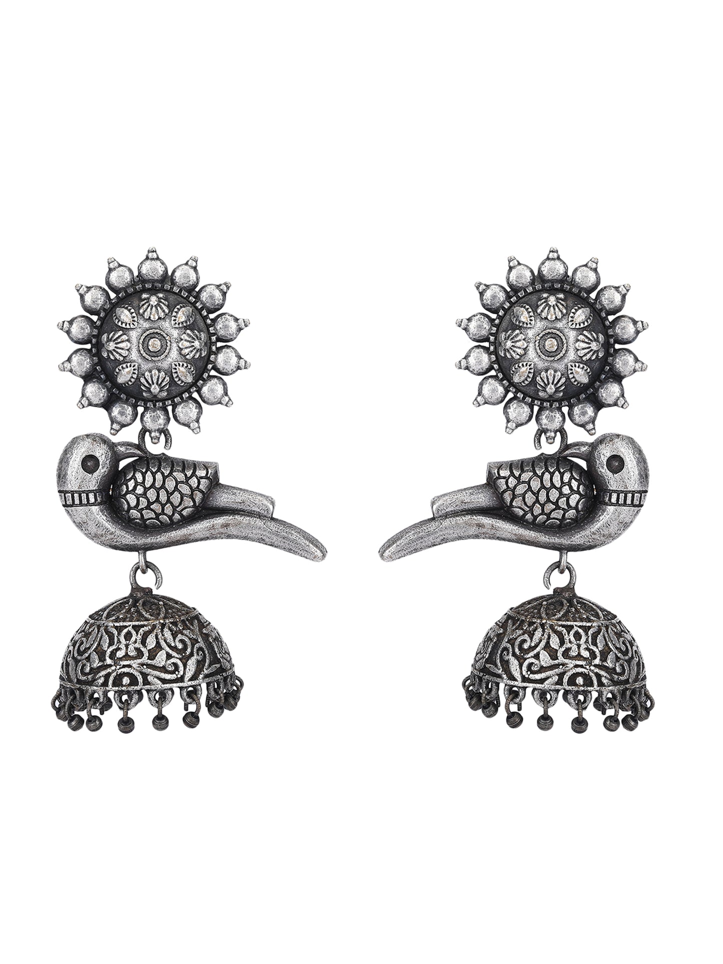 Oxidized Grey Bird Jhumka Earrings with Intricate Design