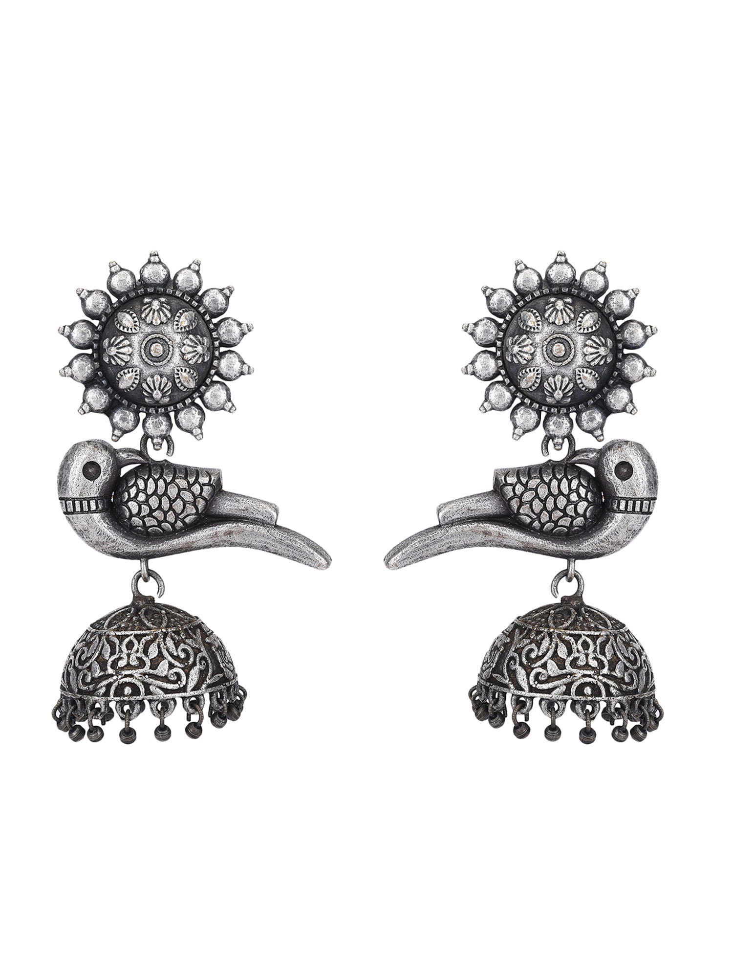 Oxidized Grey Bird Jhumka Earrings with Intricate Design