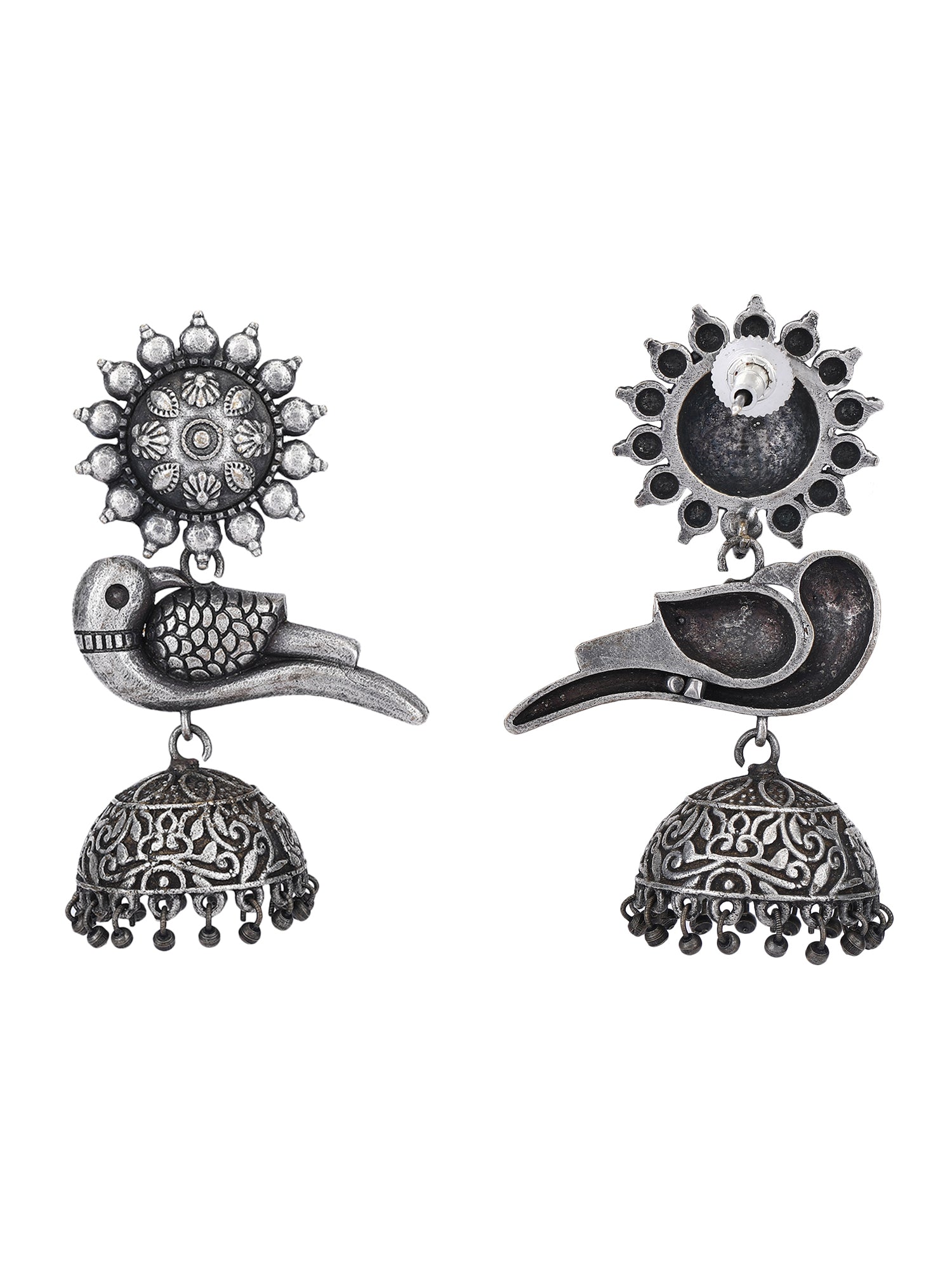 Oxidized Grey Bird Jhumka Earrings with Intricate Design