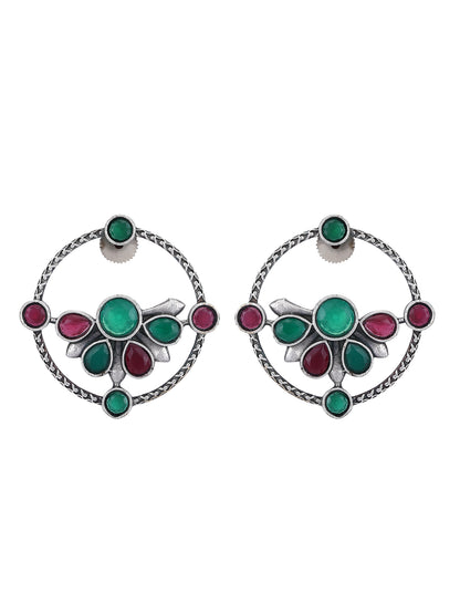 Oxidised Round Earrings with Green and Red Stones