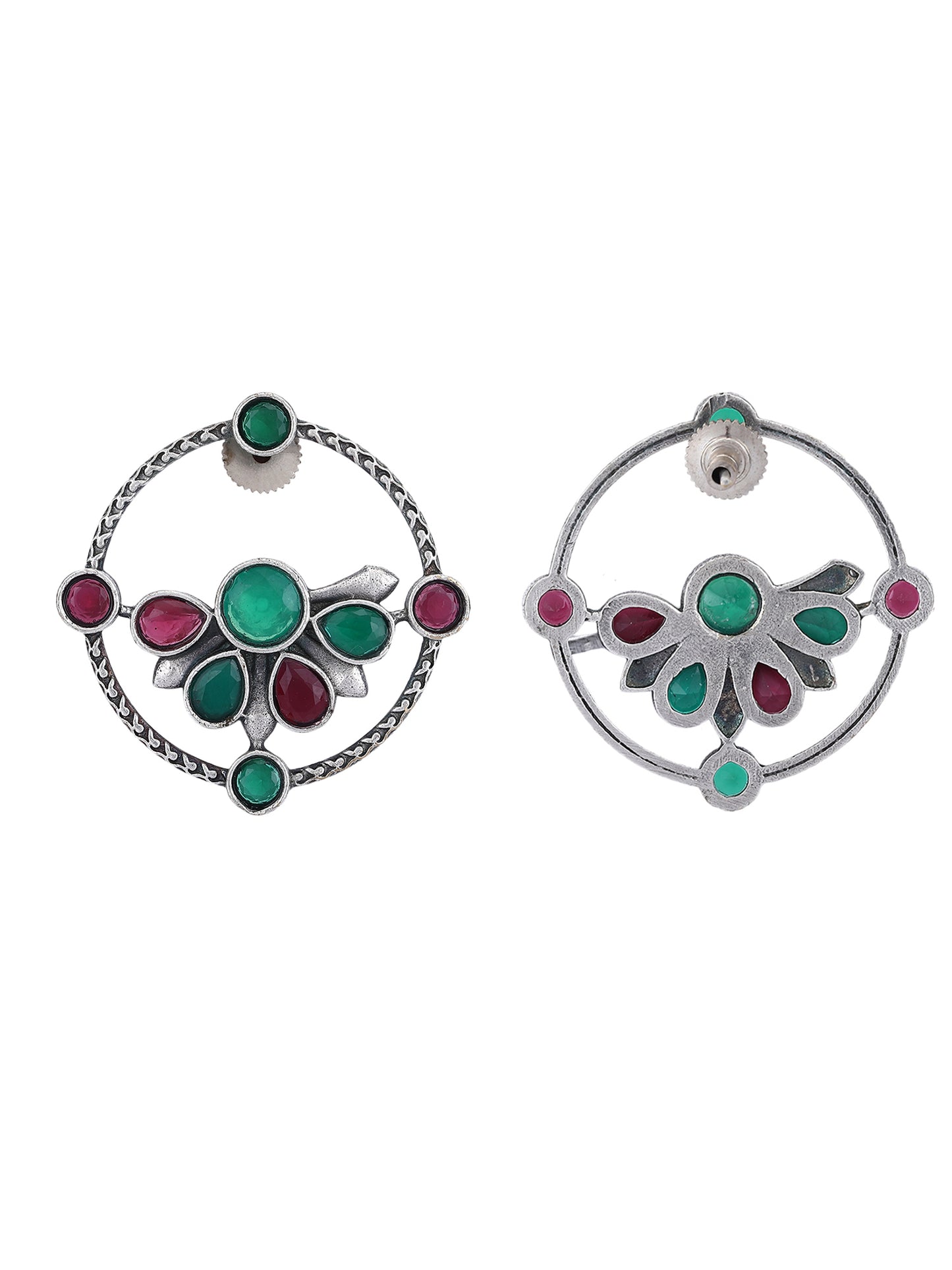 Oxidised Round Earrings with Green and Red Stones