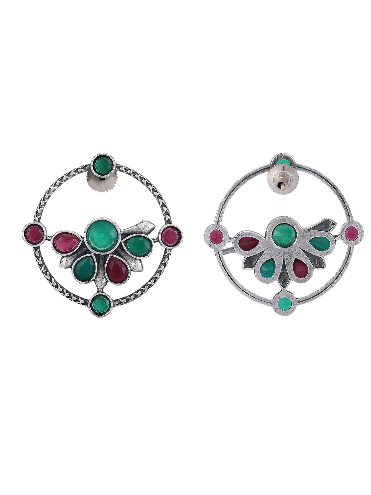 Oxidised Round Earrings with Green and Red Stones