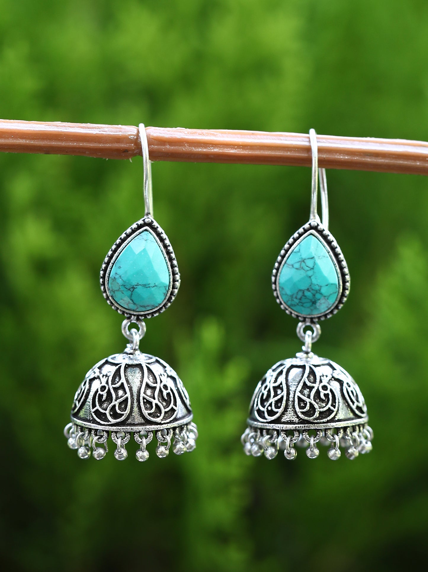 Silver Oxidized Teardrop Stone Jhumka Earrings