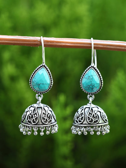 Silver Oxidized Teardrop Stone Jhumka Earrings