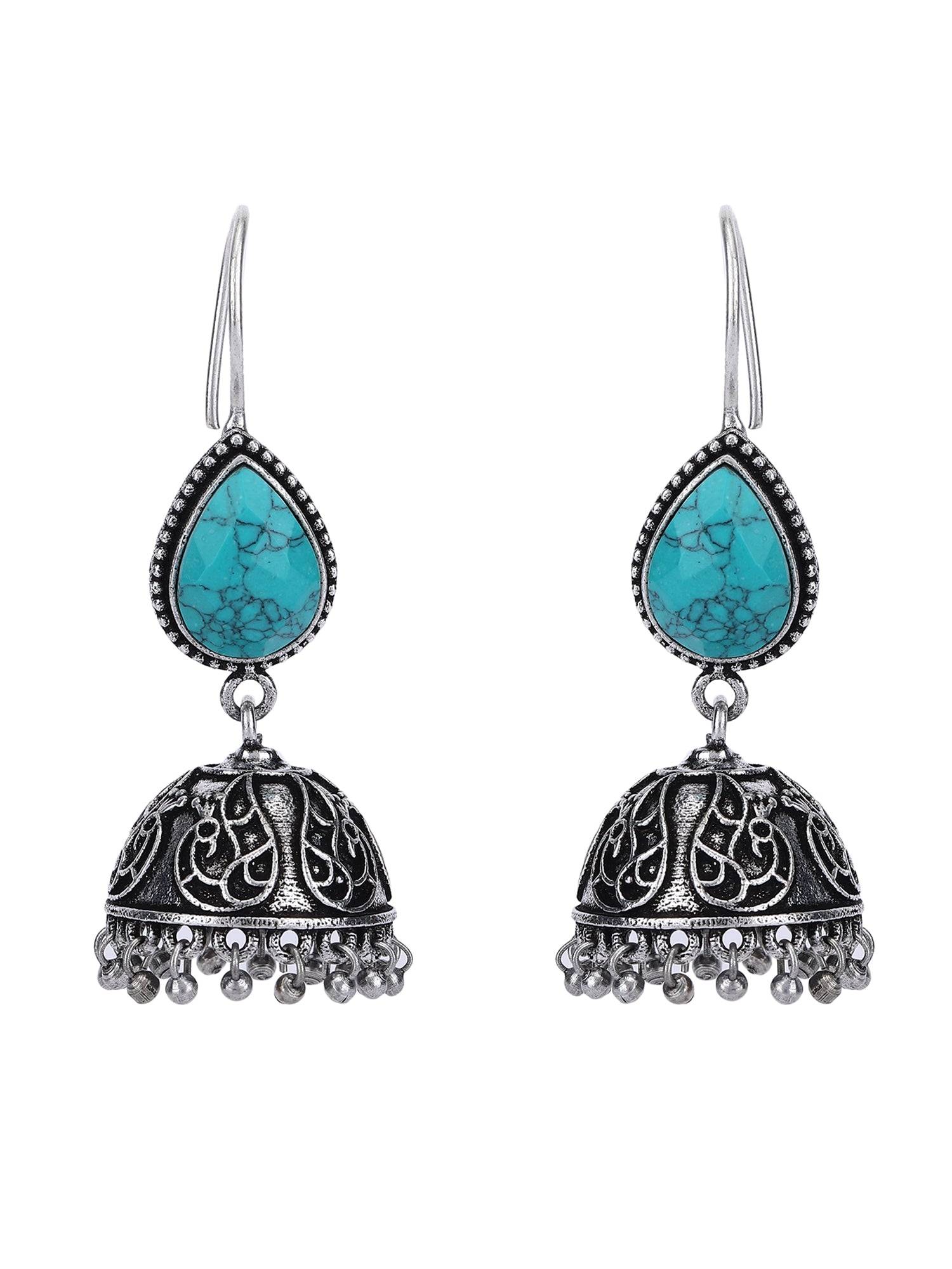 Silver Oxidized Teardrop Stone Jhumka Earrings