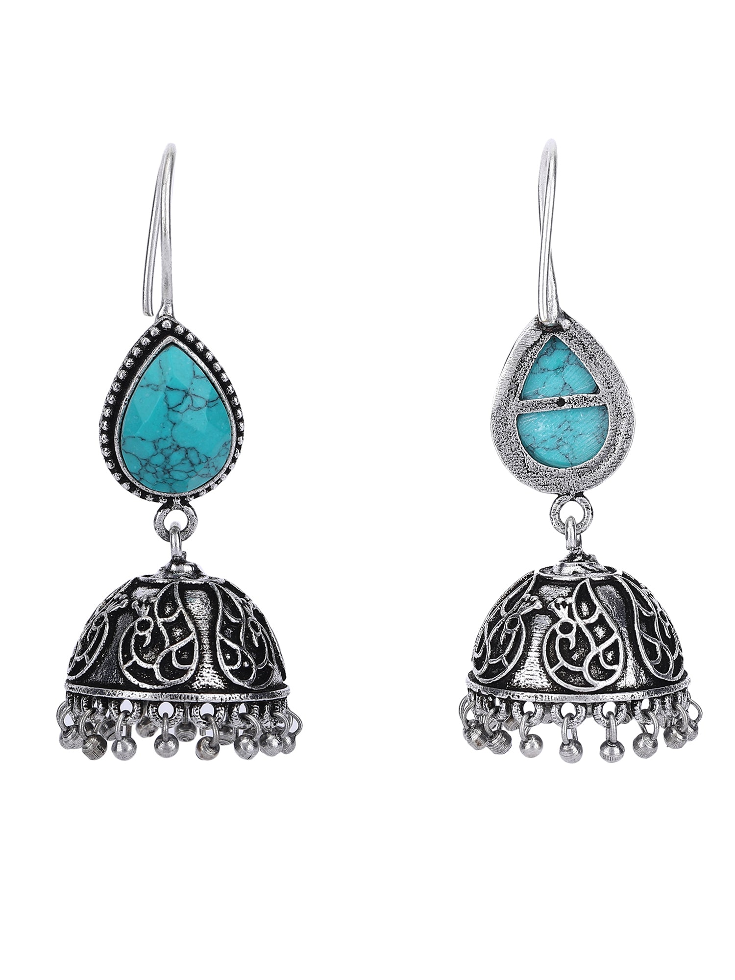 Silver Oxidized Teardrop Stone Jhumka Earrings